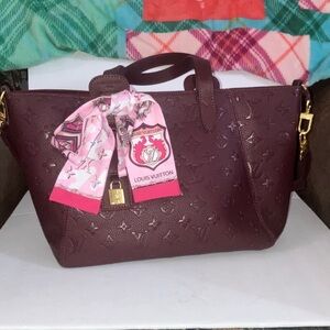 LVee Embossed Monogram Burgundy Tote with Pink Scarf